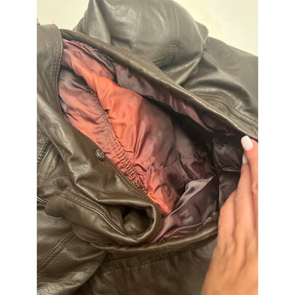 Vintage All American Men's Brown Leather Down Long Hooded Zip Coat Size Large - Picture 13 of 13